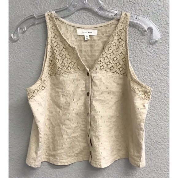 Cleo + Wolf Women's Blouse Tank Top Button Lace Trim Cropped Size Small Beige - Picture 1 of 9